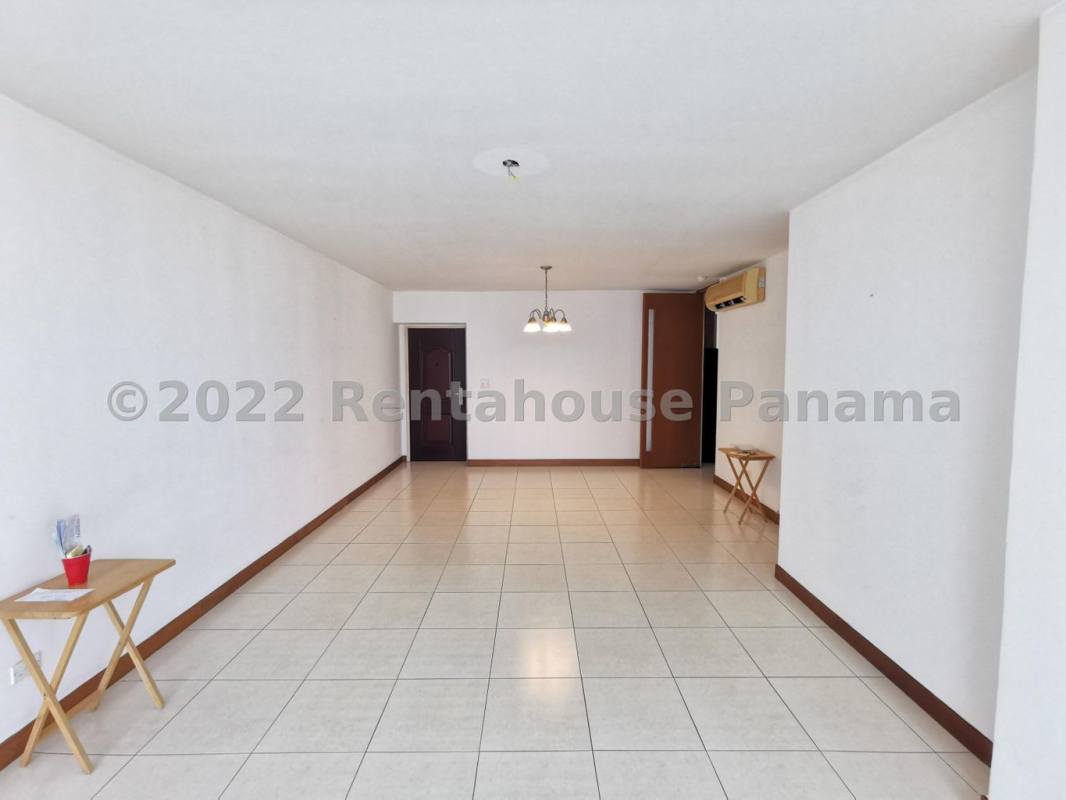 Spacious living dining room with tiled floors and balcony in PH Mont Royale El Cangrejo Panama