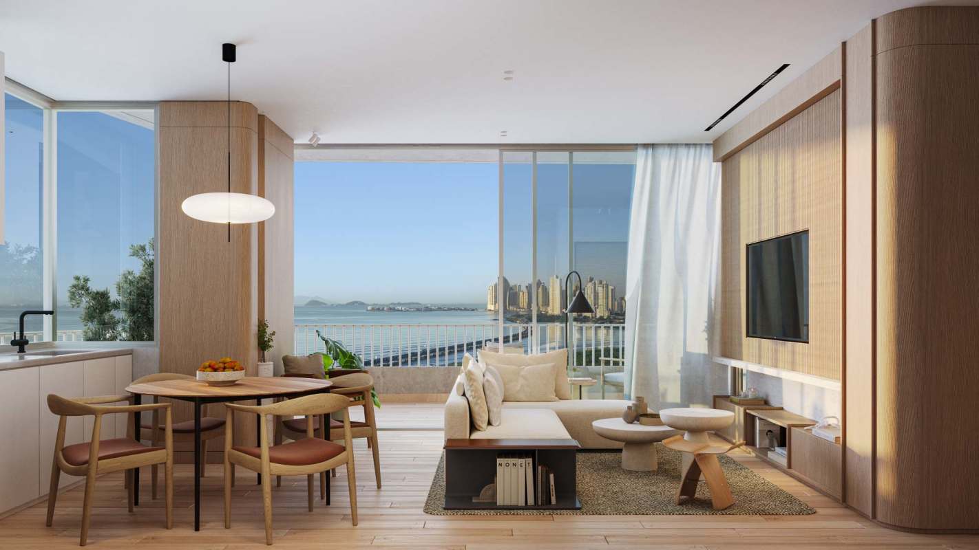 Spacious living and dining area with floor-to-ceiling windows and ocean view at PH Ipanema Costa del Este