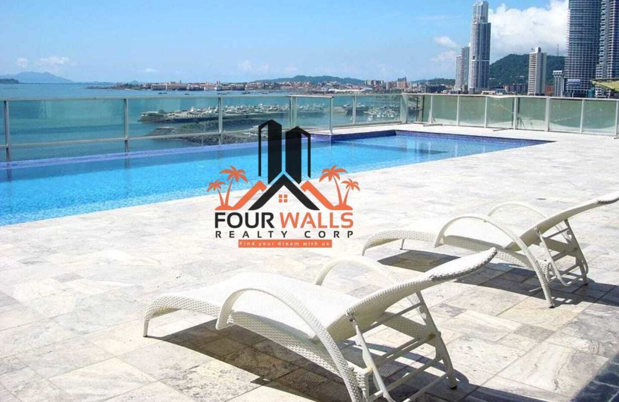 Rooftop swimming pool and sun deck overlooking Panama skyline Pacific Ocean