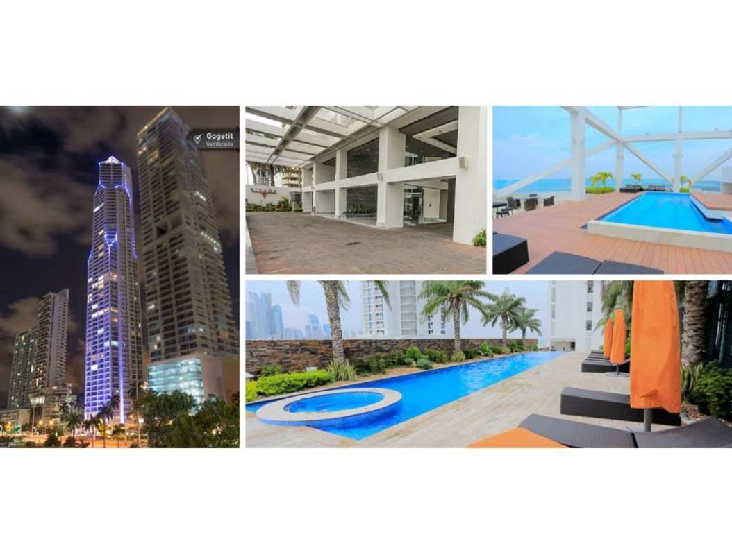 Modern high-rise towers with illuminated pools and ocean backdrop in PH Rivage Avenida Balboa Panama