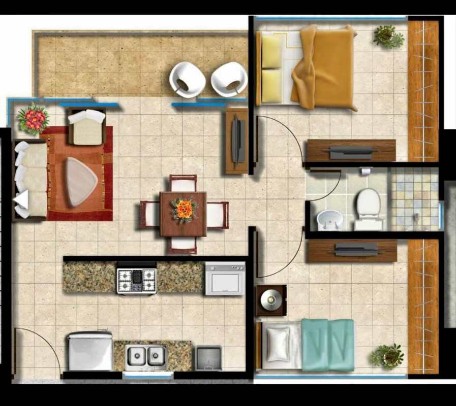 Two bedroom apartment floor plan with balcony and open kitchen at PH Mystic Gates Chanis Panama
