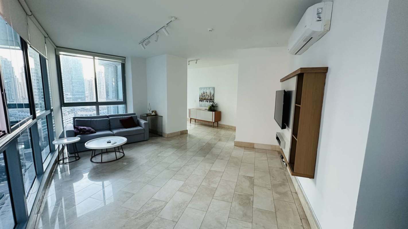 Bedroom with built-in closet, city view and split AC in Grand Tower Punta Pacifica Panama