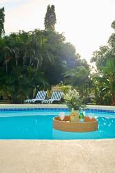 Covered terrace with dining and lounge furniture overlooking the garden and pool in Coronado golf property