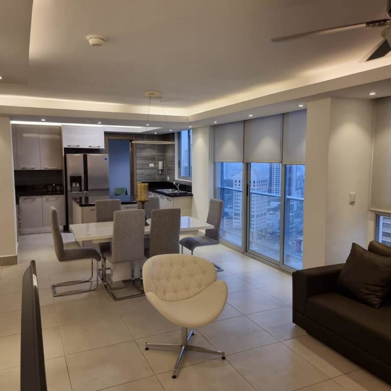 Contemporary kitchen with black granite, grey backsplash, stainless appliances in PH Park City Obarrio Panama