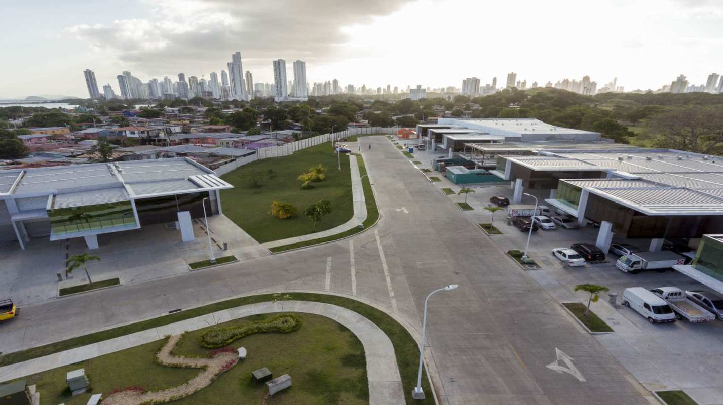 Aerial view of Panama Viejo commercial industrial park with modern buildings and green areas