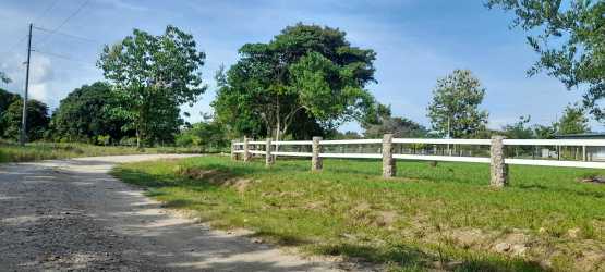 Open grassy fenced countryside land with white rails and dirt path near beaches Panama