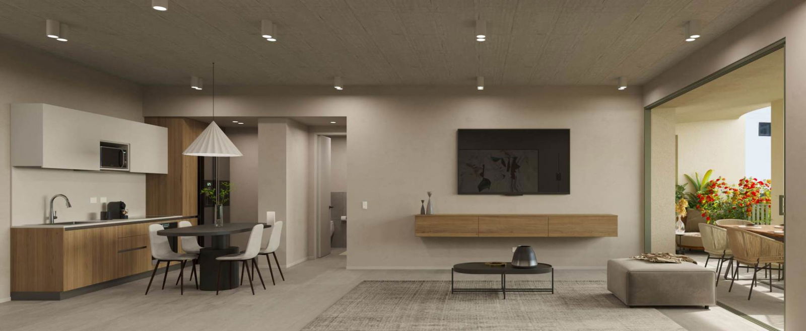 Modern open concept kitchen and dining area at PH Aurea 19 with large windows in Coco del Mar Panama City