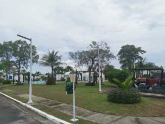 Tropical landscaped gardens with palm trees in Las Guias Beach community Panama