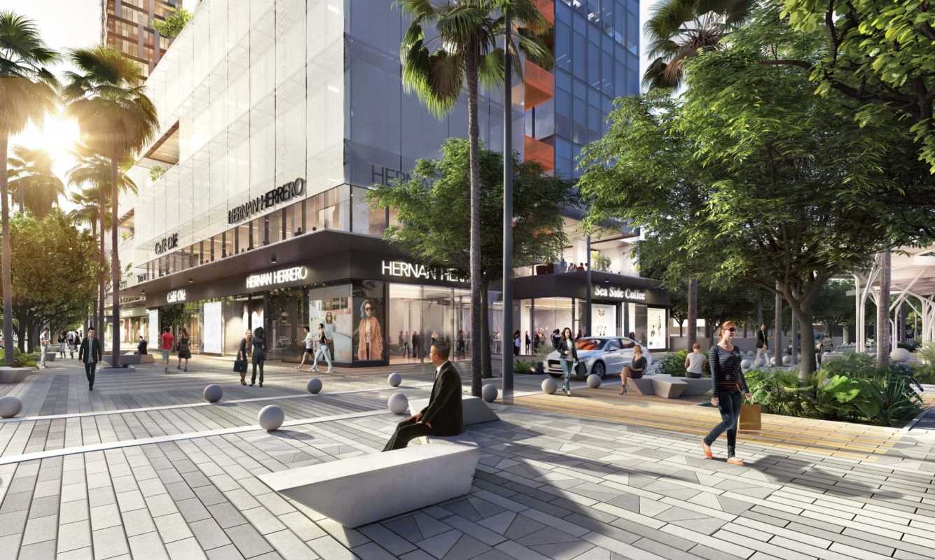 Modern terrace with glass railings, planters, skyscraper views on Calle Uruguay Panama
