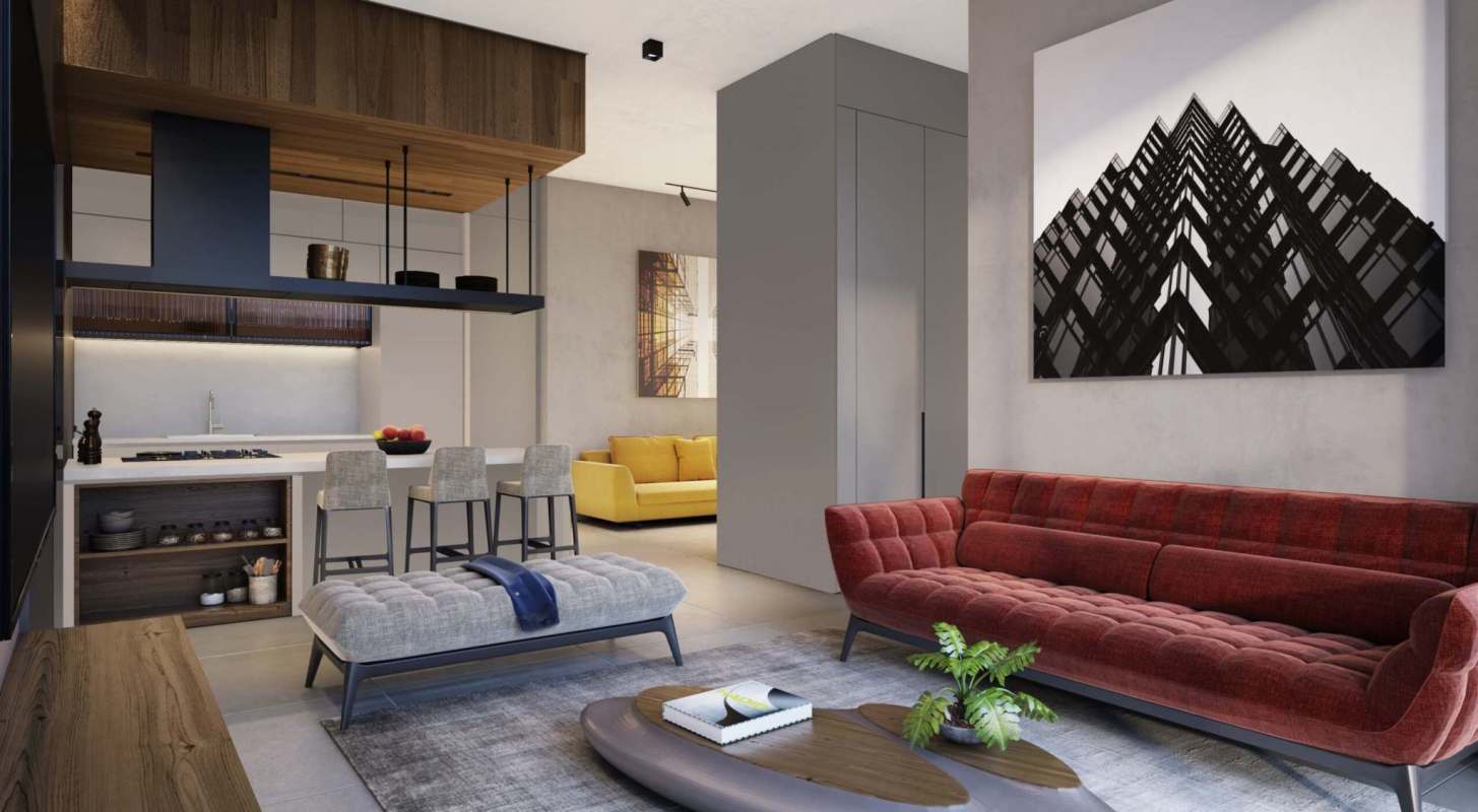 Open concept living and kitchen with modern finishes and city views PH Uptown Panama