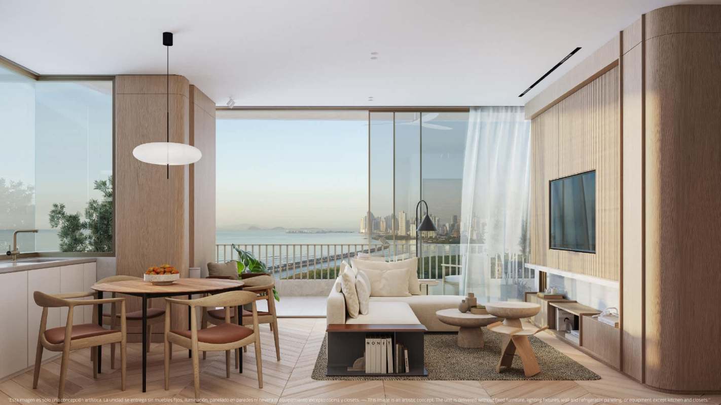 Modern dining and kitchen space with ocean views from Ipanema Residences Costa del Este