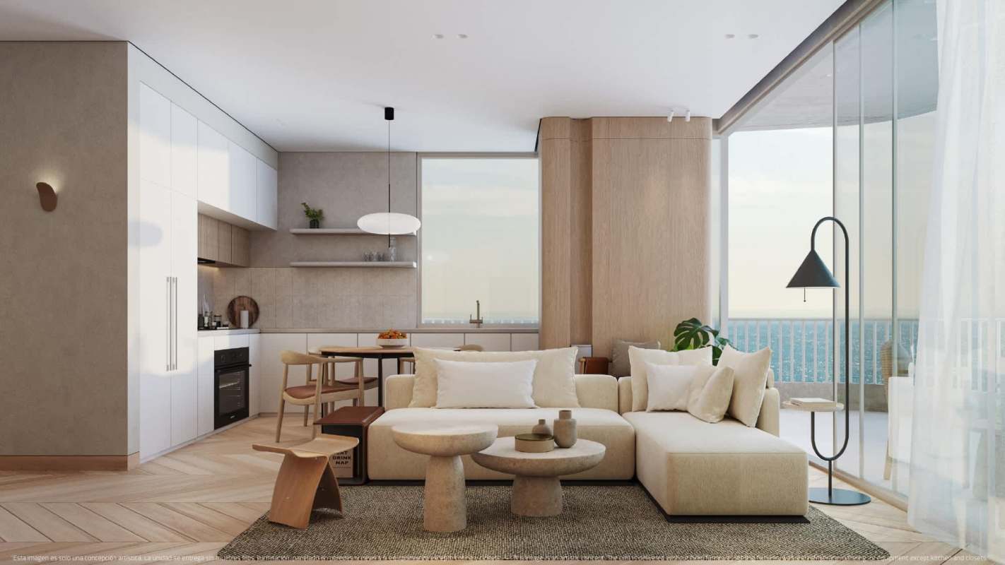 Open-plan condo living room with ocean views at Ipanema Costa del Este Panama