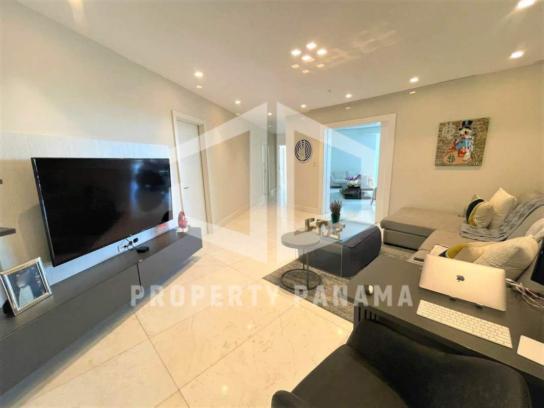 Spacious master bedroom floor-to-ceiling windows ocean view Punta Pacifica Panama