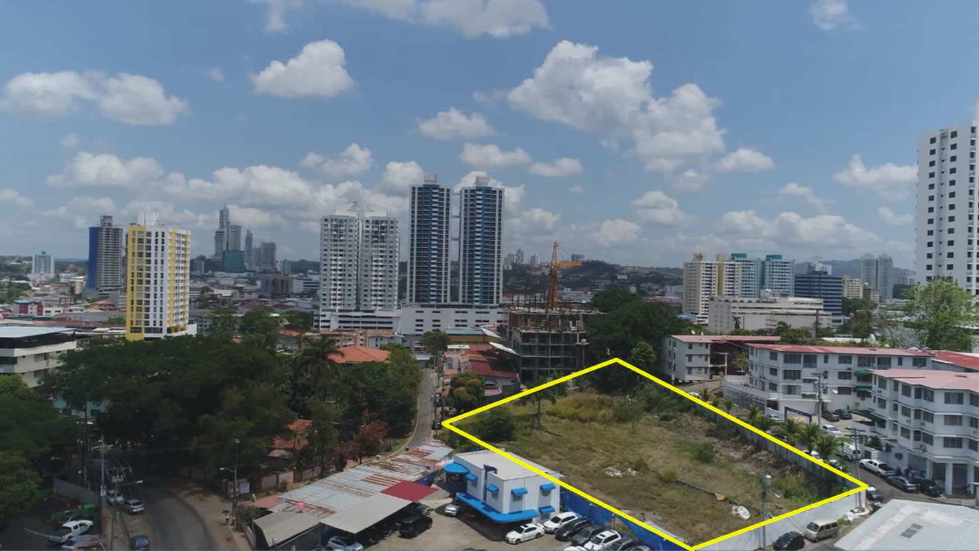 View of large empty urban lot with highlighted borders in Carrasquilla near Parque Omar Panama City