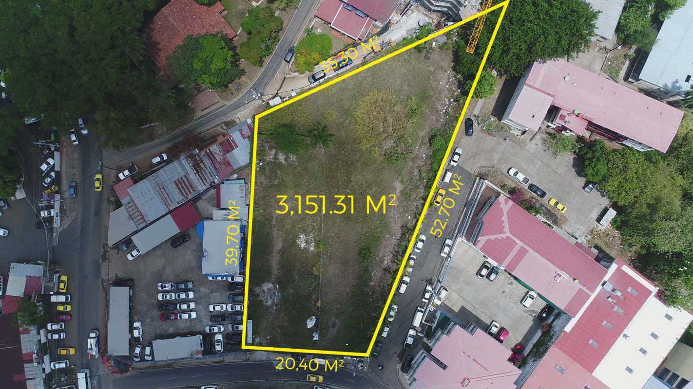 Aerial city view showing Carrasquilla vacant development lot with skyline and nearby infrastructure Panama City