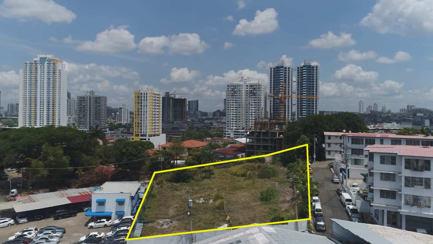 Aerial urban landscape showing development land site in Carrasquilla Panama City with city view