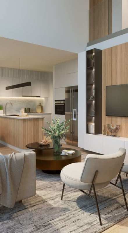 Bright open-concept living dining room with modern kitchen and double-height ceiling new house Panama North