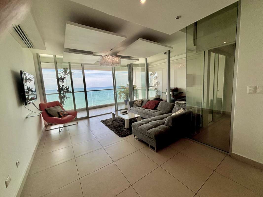 Modern kitchen in furnished apartment Rivage Tower Avenida Balboa granite countertops stainless appliances oceanfront Panama City