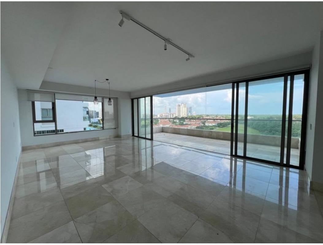 Large modern living room with marble floors and panoramic windows in PH Green Garden Santa Maria Panama