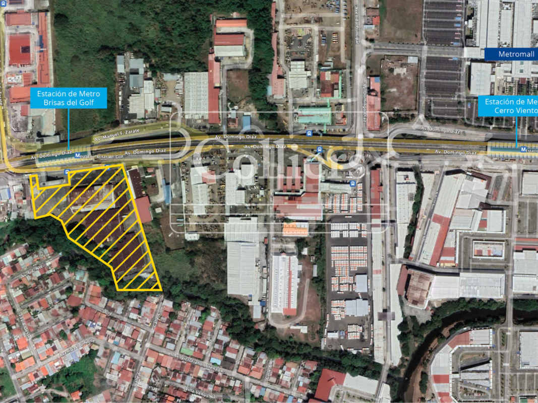 City view showing industrial property and nearby metro stations in Panama City