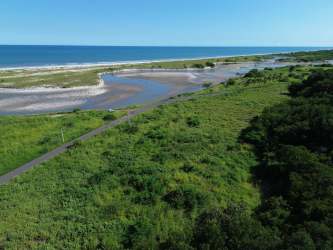 Coastal lot with green tropical forest adjacent to road and rocky shoreline in Panama Oeste Punta Chame
