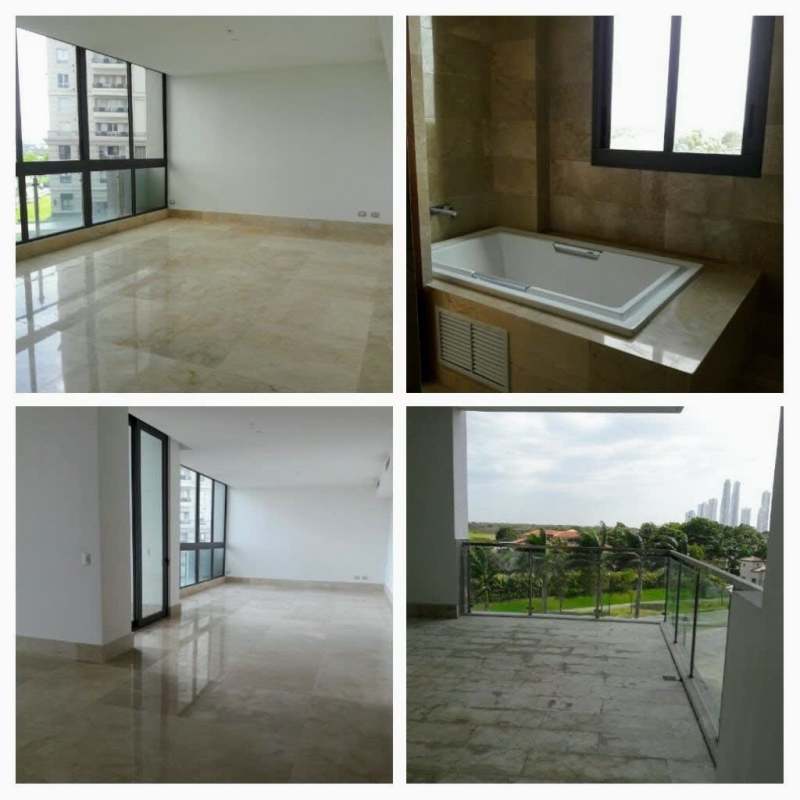 Balcony view to ocean, skyline, and greenery at PH Vittoria Santa Maria Panama