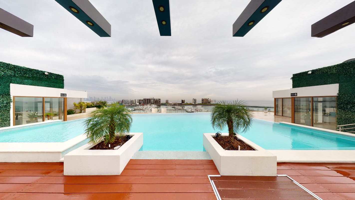 Spacious Italian luxury kitchen with marble island and modern appliances in PH Garden Ocean Reef Islands Panama City