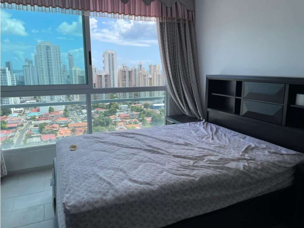 Spacious furnished living area with ocean and skyline views The Towers San Francisco Panama