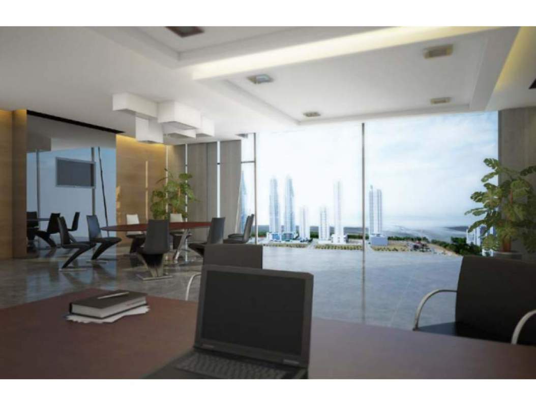 Interior office space featuring large windows with panoramic city skyline view in Time Square Center Panama