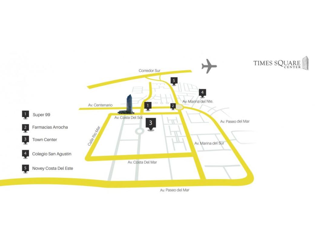 Full view aerial of Time Square Center skyscraper surrounded by other buildings in Costa del Este business zone Panama