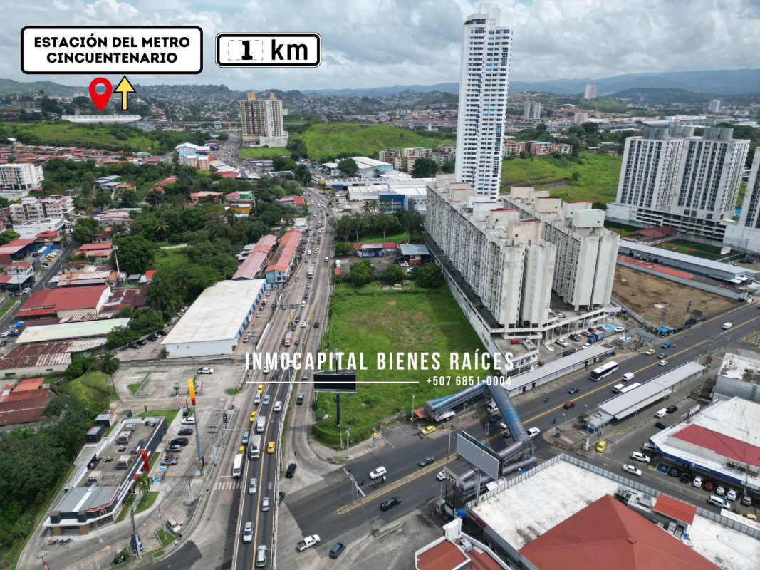 Aerial panoramic showing commercial lots, metro station proximity and urban development Panama City.