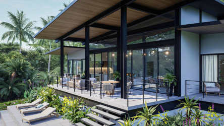 Luxury bathroom with garden view, natural light, freestanding bathtub in eco-friendly villa Pedasí Panama