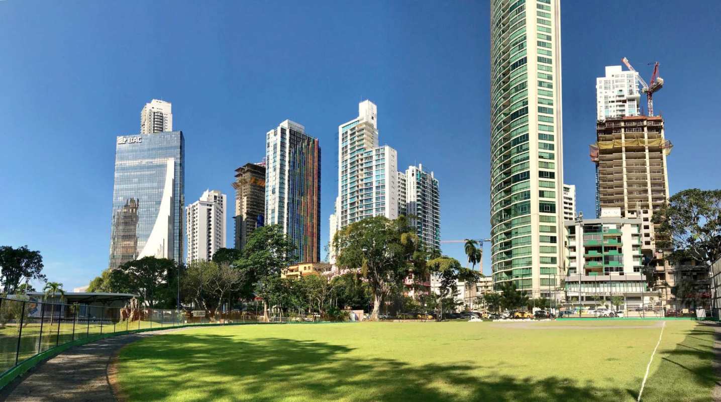 Skyline and bay views from commercial office floor at PH BAC Tower Avenida Balboa Panama City