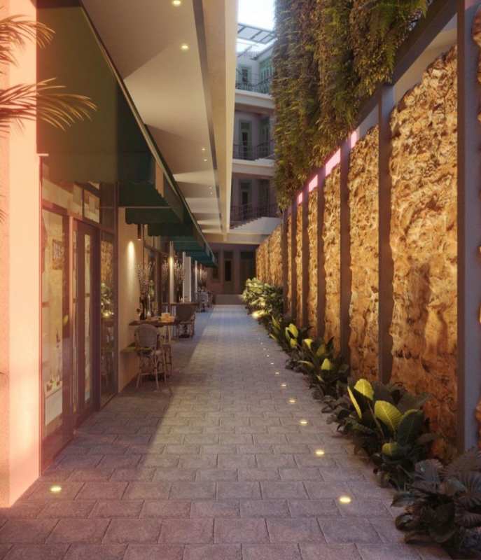 Modern tropical building stone wall pergola balconies greenery Casco Viejo Panama