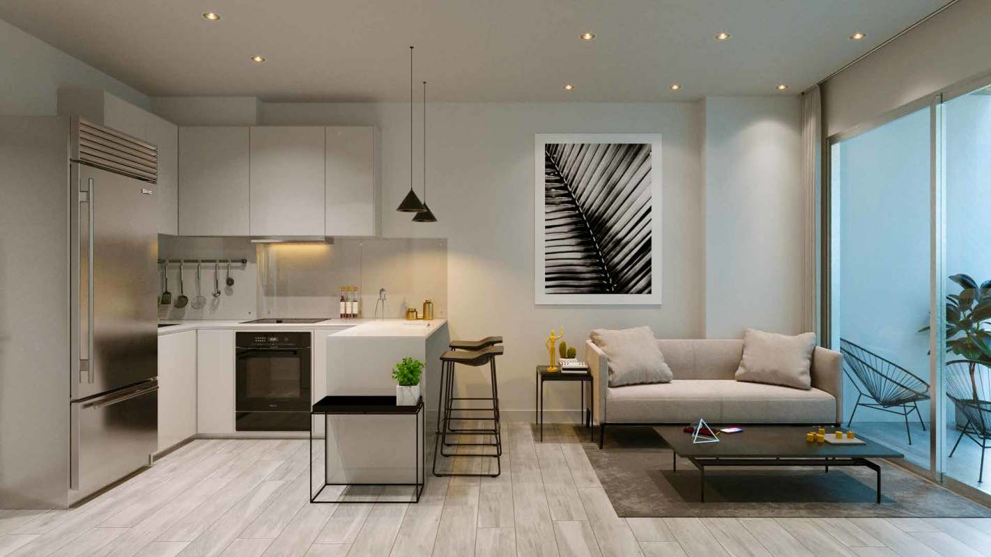 Studio layout floor plan with integrated kitchen living bedroom areas at PH AWA Panama City