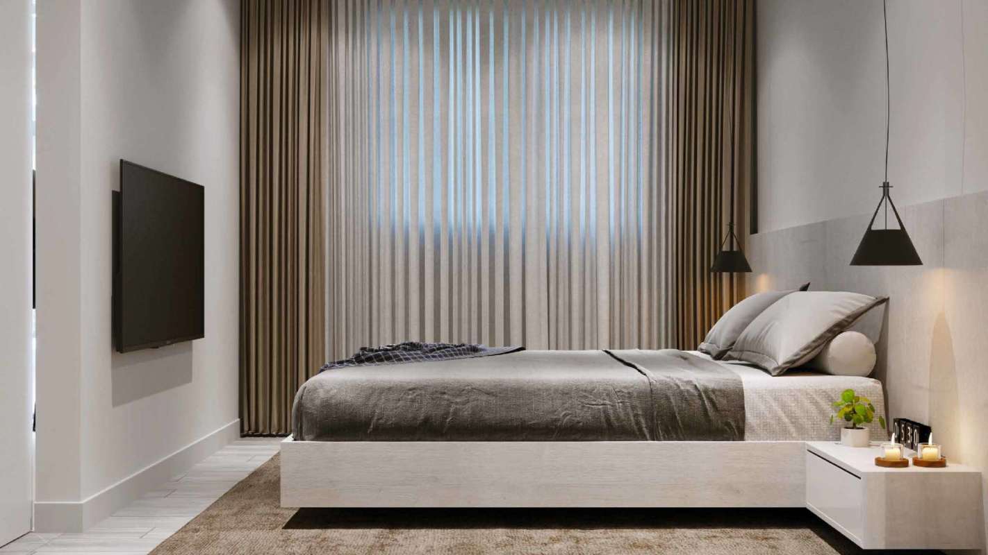 Minimalist bedroom with floor-to-ceiling curtains flat screen TV PH AWA Avenida Balboa Panama