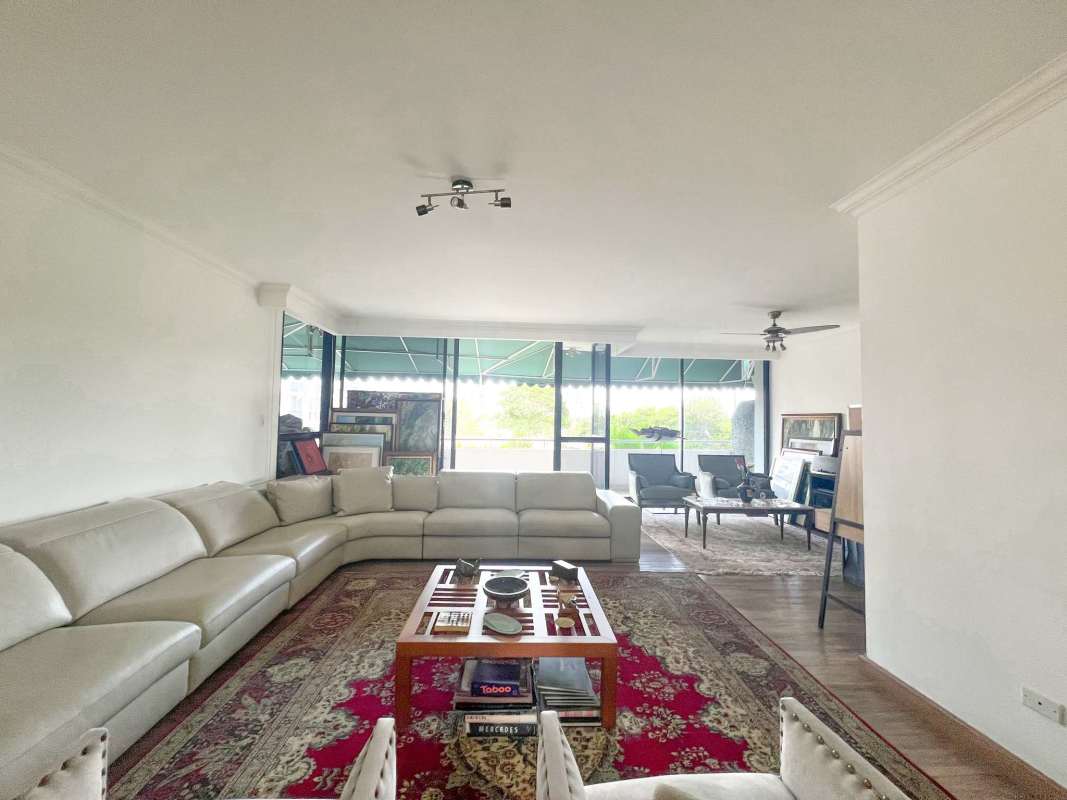 Large terrace with city skyline and neighborhood green views in condo PH Coco Palace Panama City