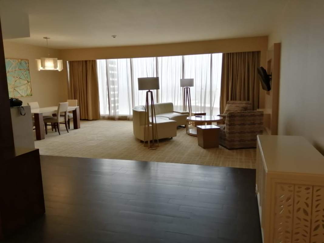 Luxurious hotel lobby with marble floors at Waldorf Astoria Panama