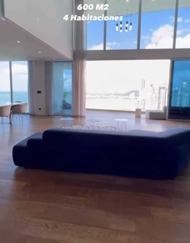 Bright family den lounge with skyline view in luxury penthouse PH Aquamare Punta Pacifica Panama