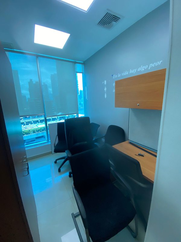 Compact private office with window views and modern furnishings Ocean Business Center Panama