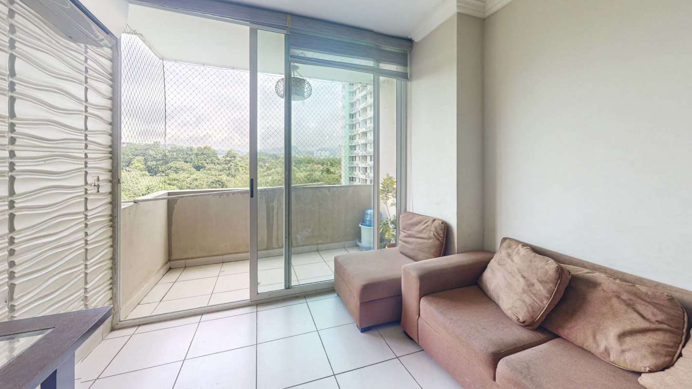 Bright living dining room with AC, open kitchen view, balcony access in PH Green Park Panama City