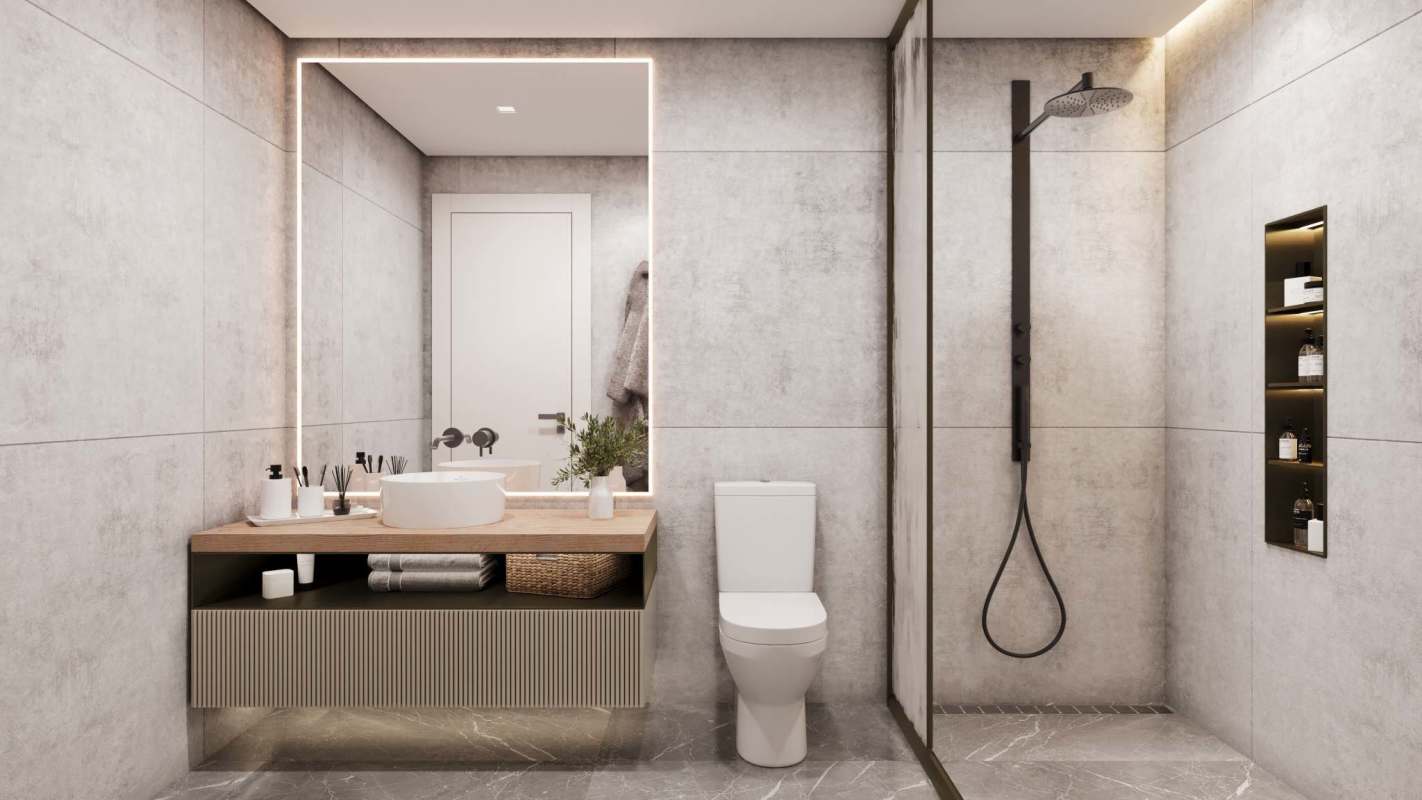 Modern bathroom with walk-in rainfall shower, floating vanity and large mirror in PH 360 Urban Living Panama