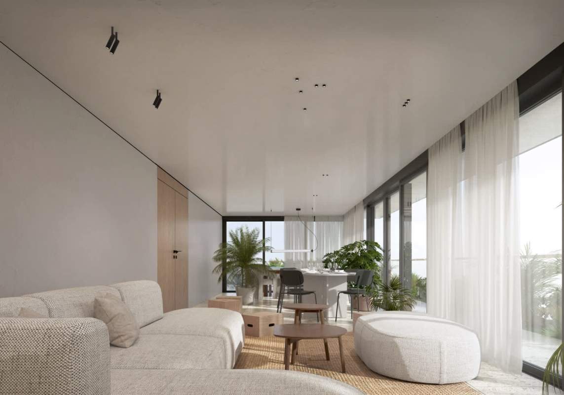 Spacious bright studio with dining, seating, modern finishes floor-to-ceiling windows at PH Nook Residence Panama City