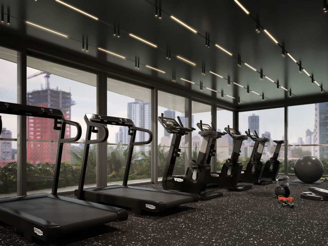 Panoramic skyline view gym with equipment rooftop PH Nook Residence Panama