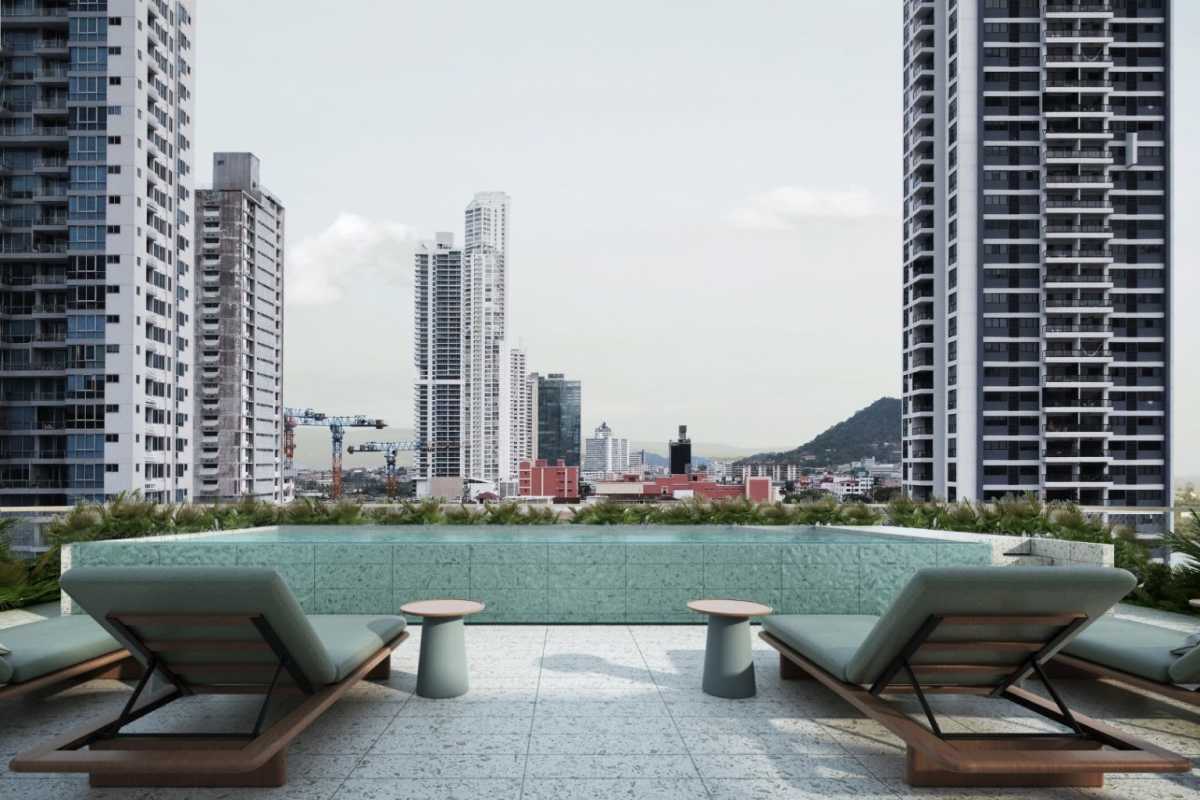 Infinity pool rooftop with city skyline loungers PH Nook Residence Panama