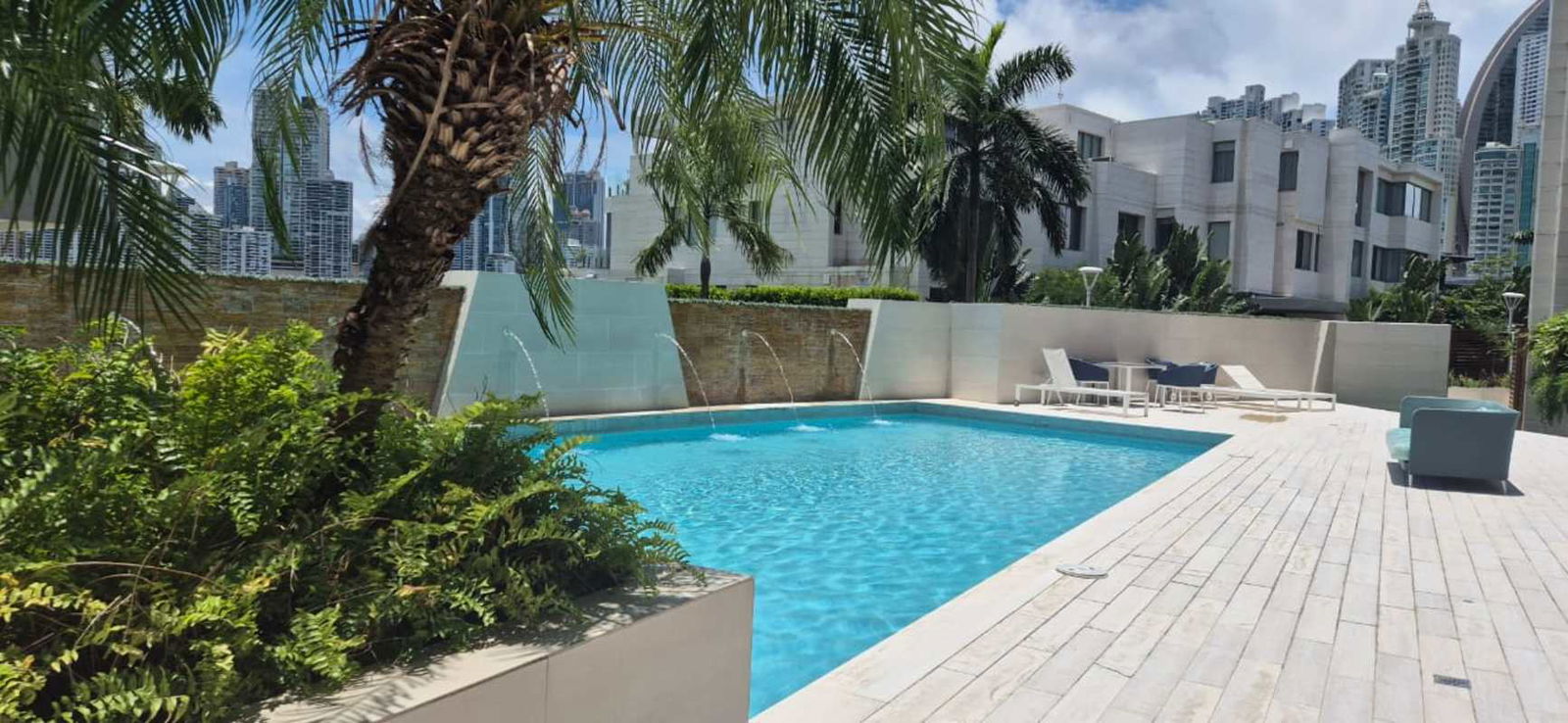 Large terrace overlooking ocean and city skyline at Ocean Reef Islands Panama.