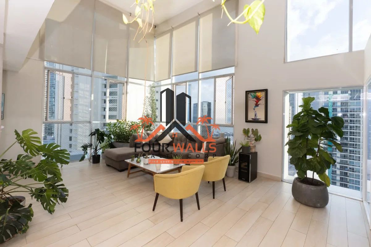 Furnished balcony with panoramic ocean and city views in PH Blue Park Avenida Balboa Panama