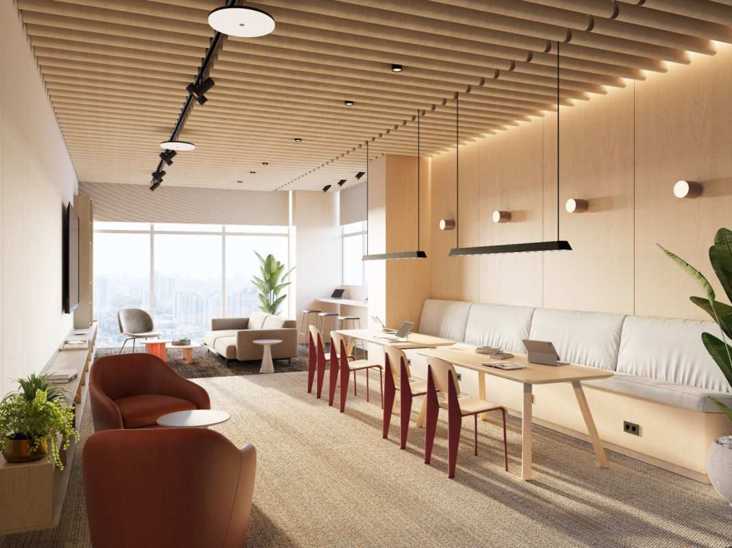 Spacious living and dining space with panoramic city views and floor-to-ceiling windows in PH Costanera