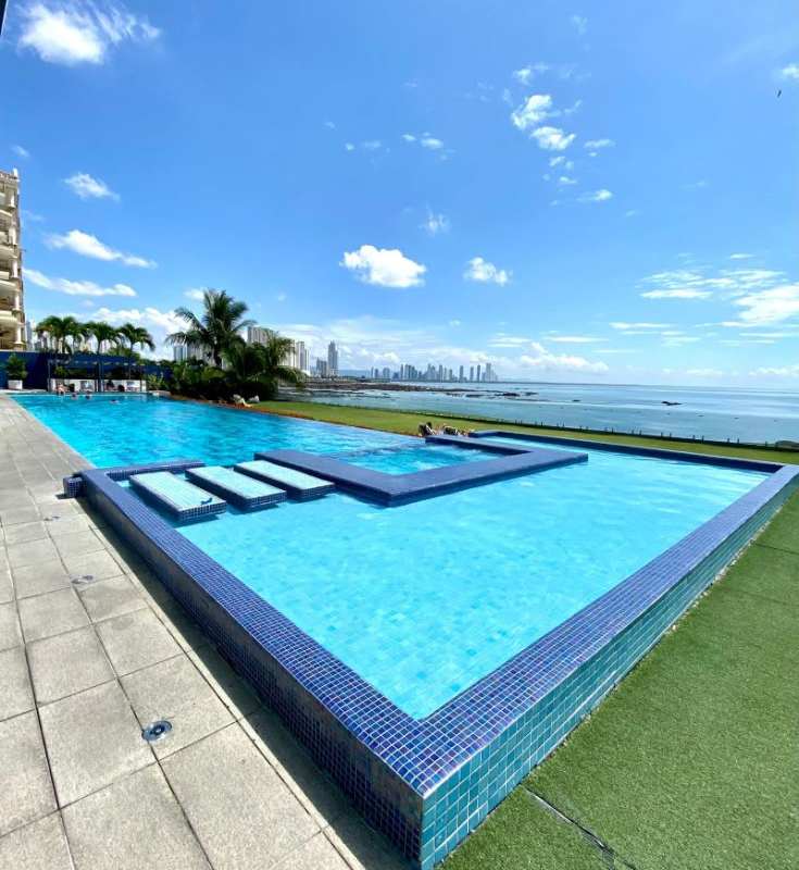 Modern kitchen with granite island and stainless appliances Punta Pacifica luxury