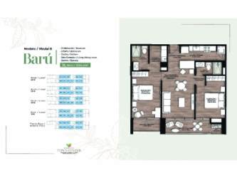Two-bedroom two-bathroom apartment plan with open living dining balcony at Town Boquete